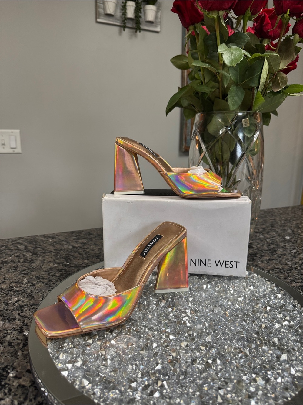 Nine West Iridescent Pink Holographic Block Heel Mule NEW 7.5